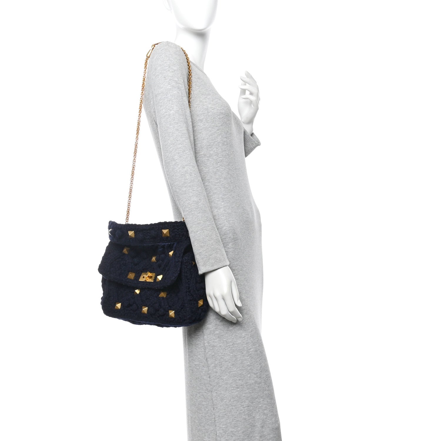 Valentino Garavani Cashmere Large Roman Stud Shoulder Bag Marine 3 of 17