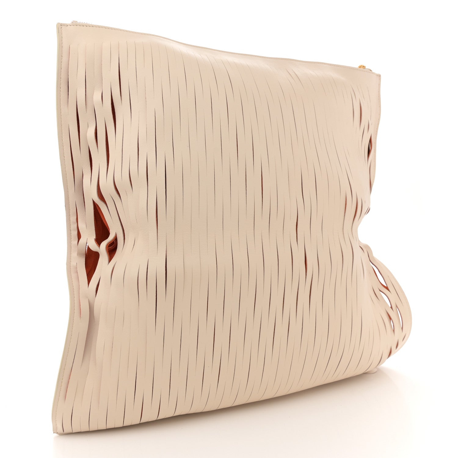 Celine Calfskin Laser Cut Fringe Foldover Clutch White Orange 3 of 15