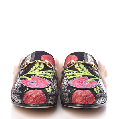 Gucci Brocade Fur Floral Womens Princetown Slippers 37 Black Anthracite 2 of 8