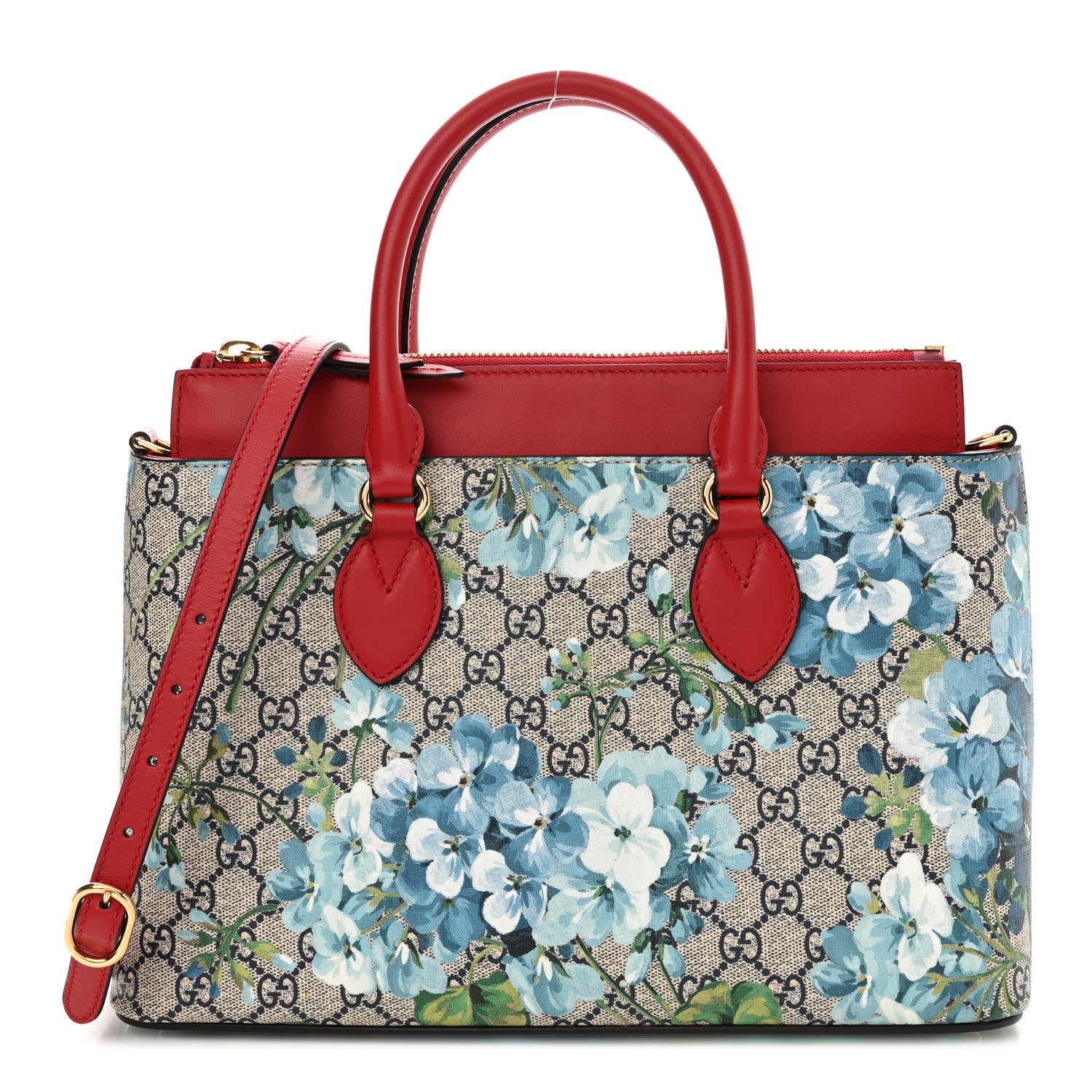Gucci GG Supreme Monogram Blooms Medium Zip Top Tote Beige Blue Navy Hibiscus Red 1 of 12