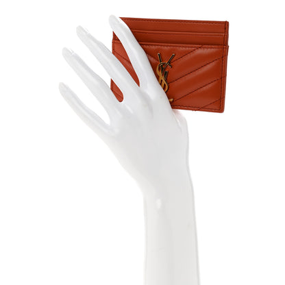 Saint Laurent Lambskin Matelasse Chevron Monogram Credit Card Case Dark Mandarin 2 of 8