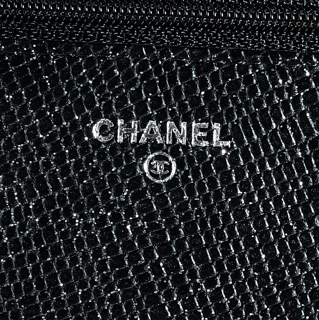 Glitter Calfskin Quilted Wallet on Chain WOC Black Silver
