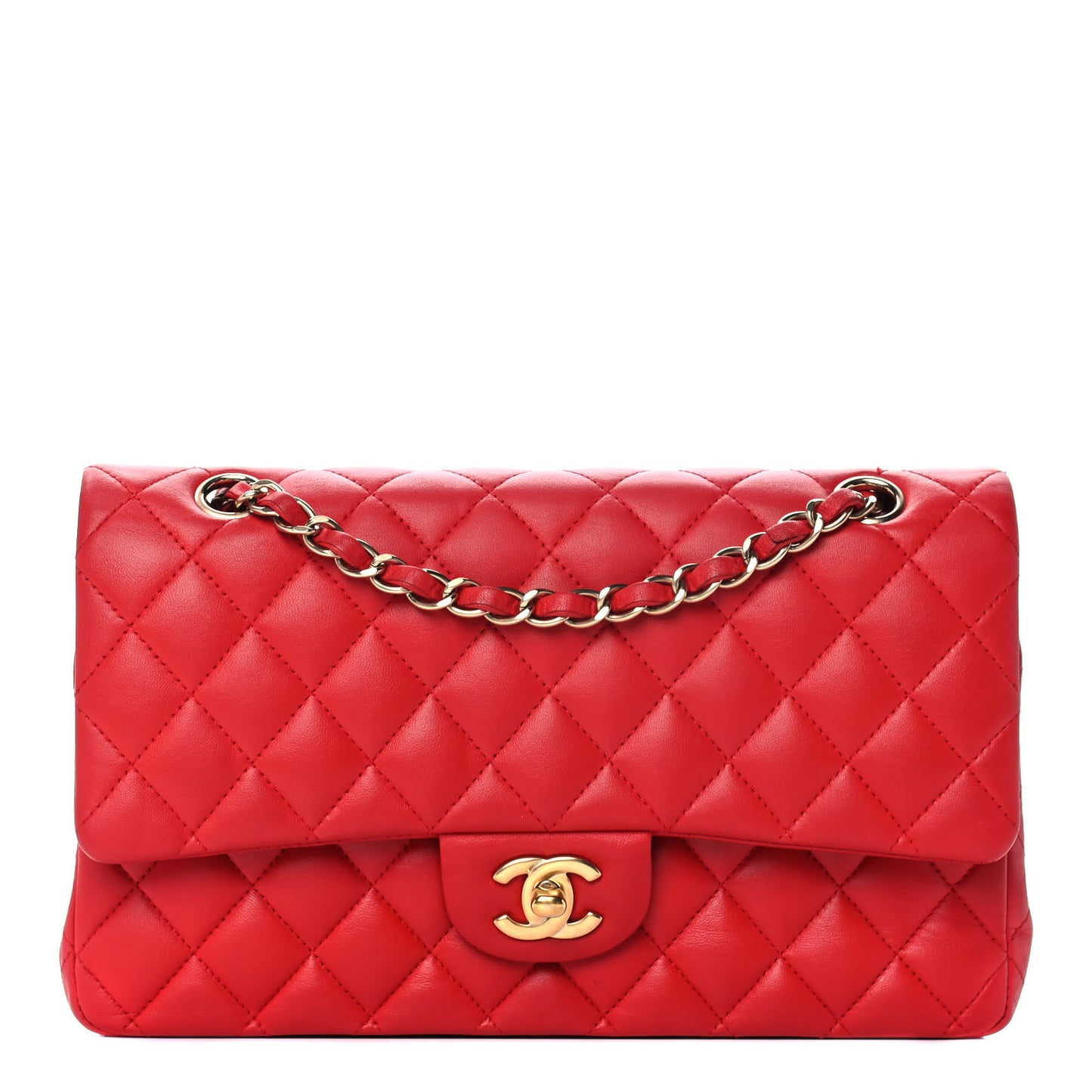 Lambskin Quilted Medium Double Flap Red