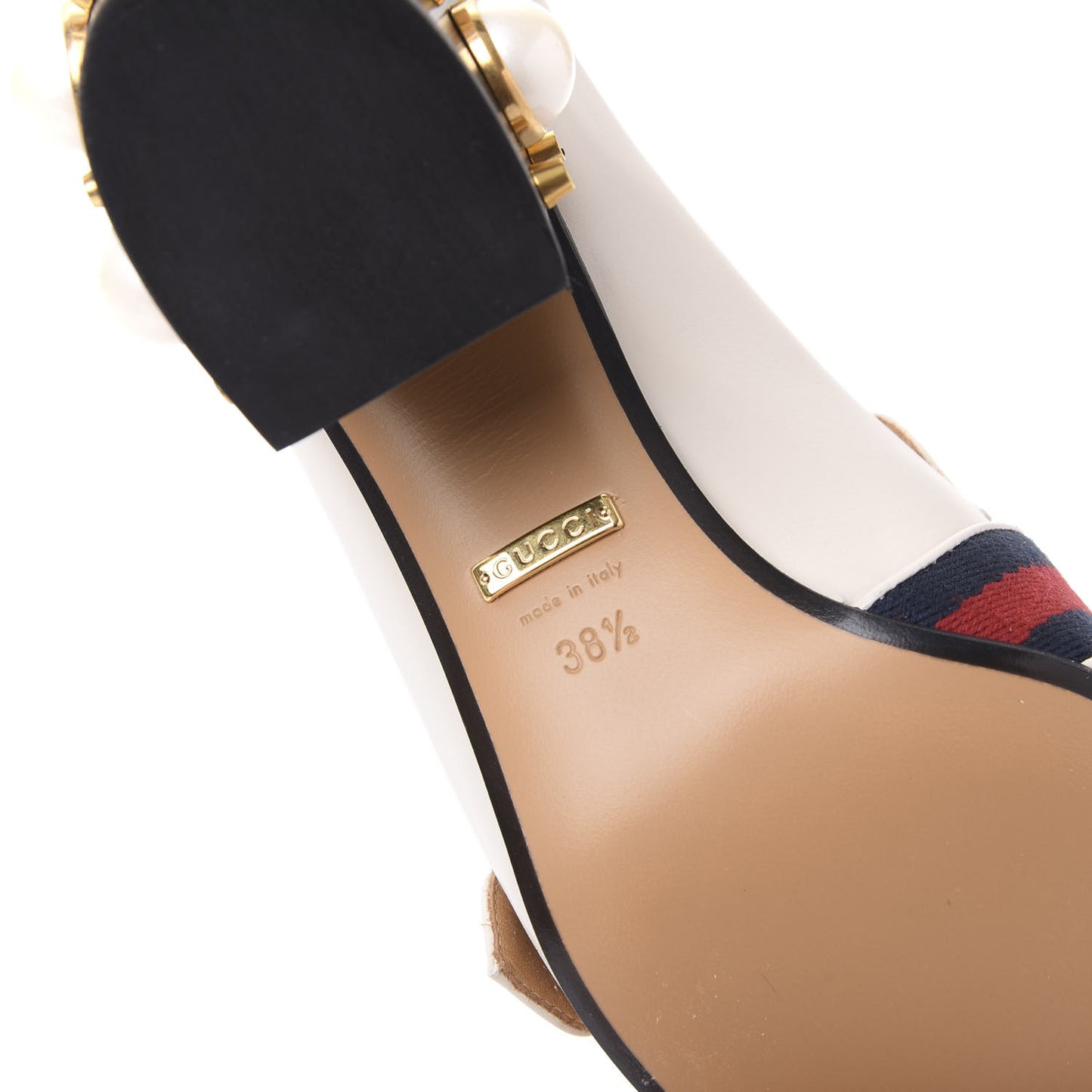 Betis Glamour Calfskin Web Pearl Embellished Peyton 75mm Loafer Pumps 38.5 Mystic White