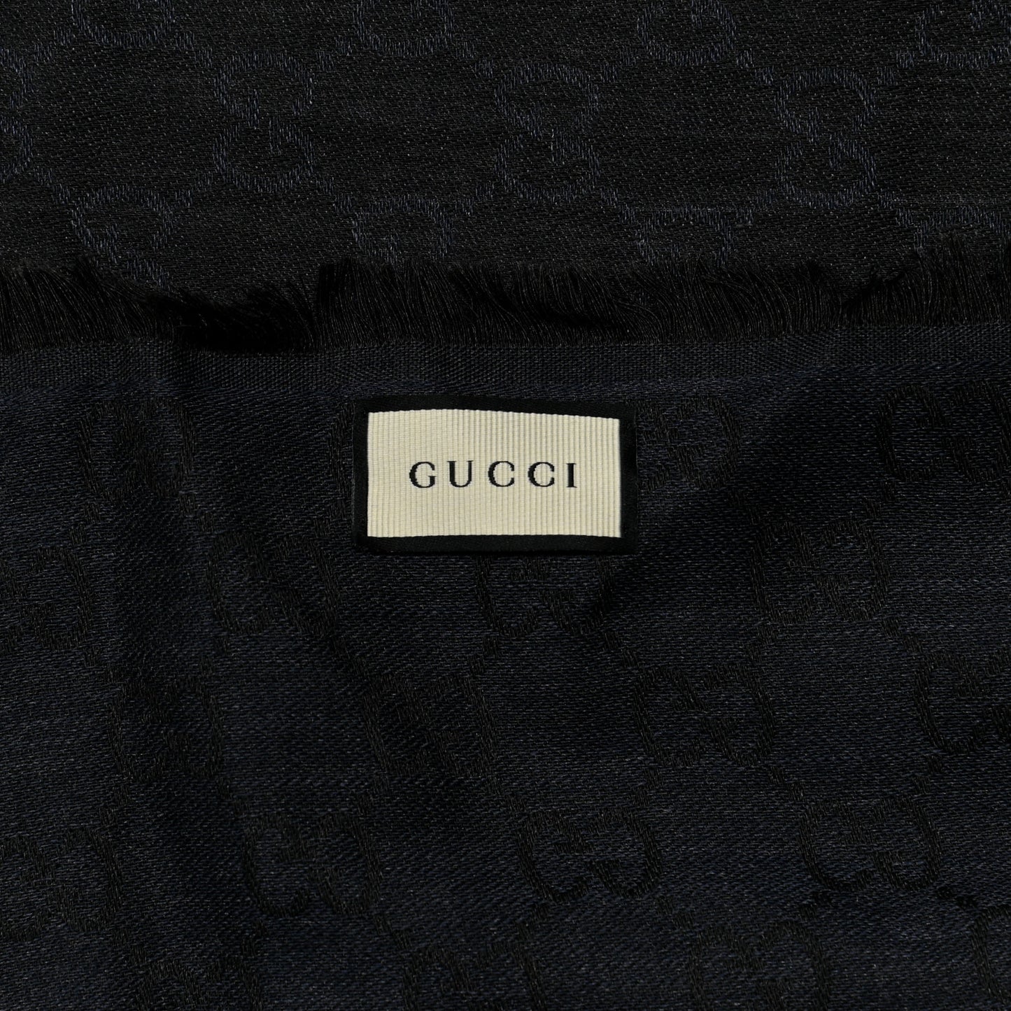 Wool Silk Monogram GGWeb Fringe Shawl Navy Black