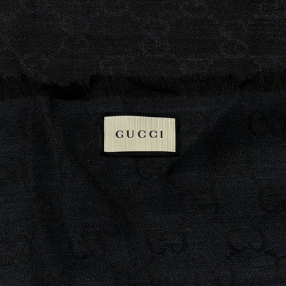 Gucci Wool Silk Monogram GGWeb Fringe Shawl Navy Black 2 of 3