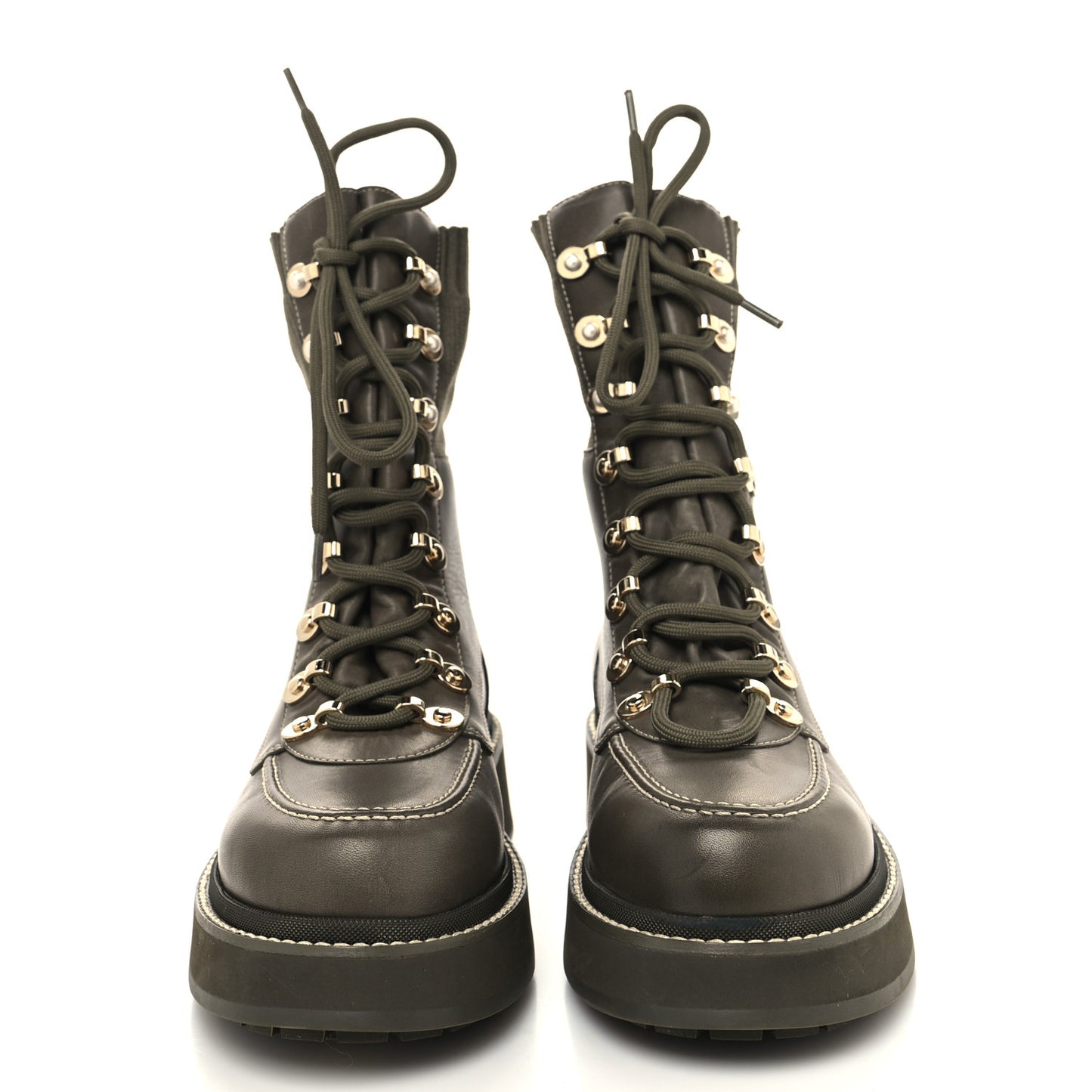 Calfskin Knit Lace Up Combat Boots 38 Green