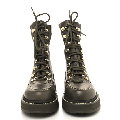Chanel Calfskin Knit Lace Up Combat Boots 38 Green 2 of 6