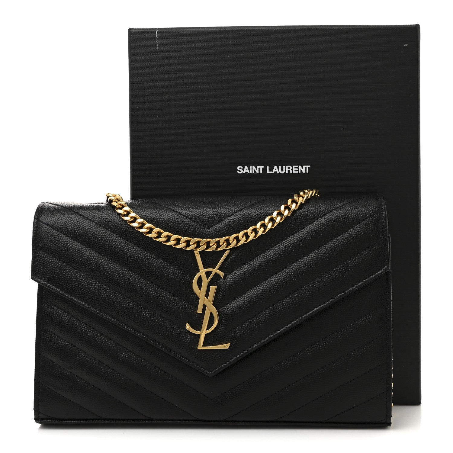 Saint Laurent Grain De Poudre Matelasse Chevron Monogram Chain Wallet Black 13 of 13