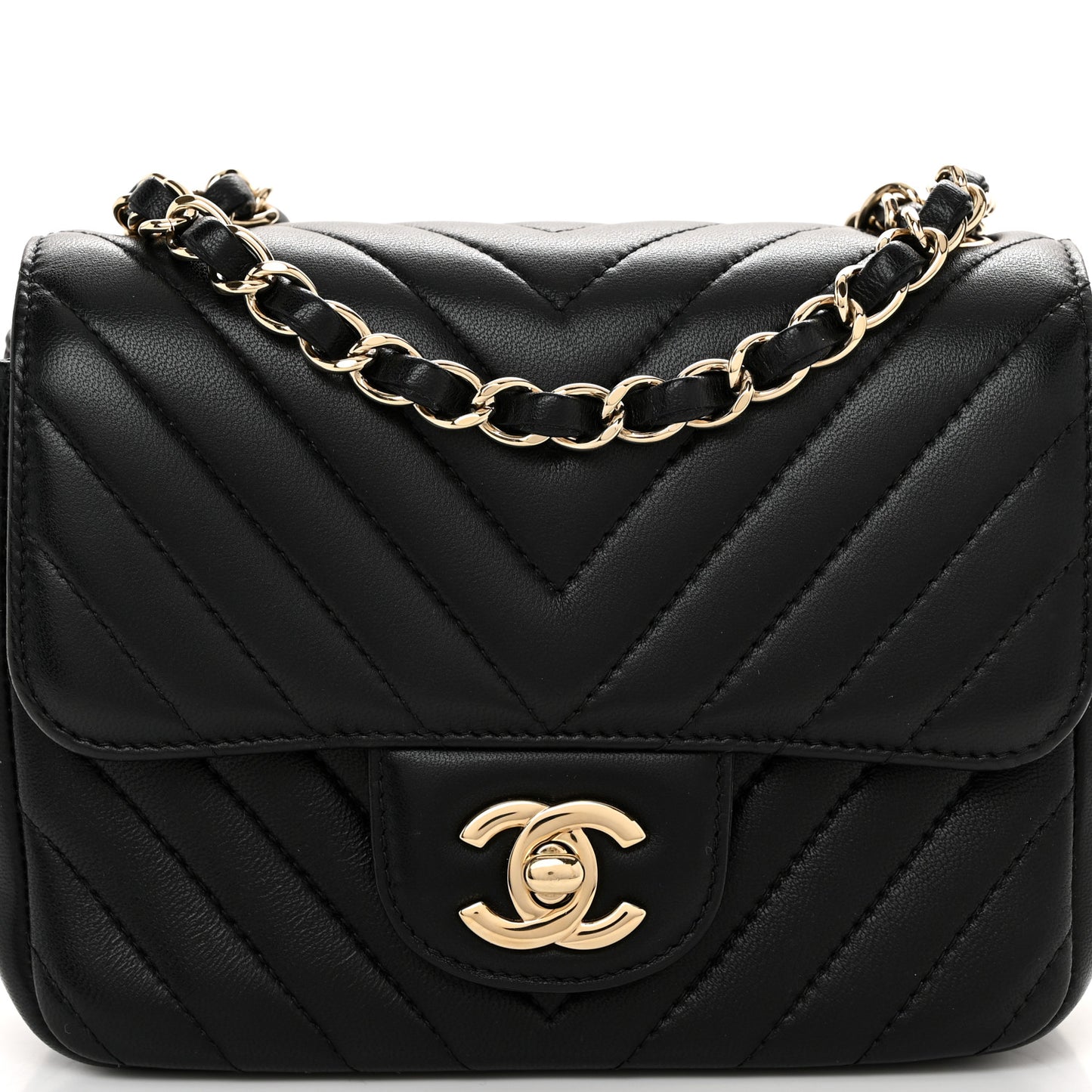 Lambskin Chevron Quilted Mini Square Flap Black