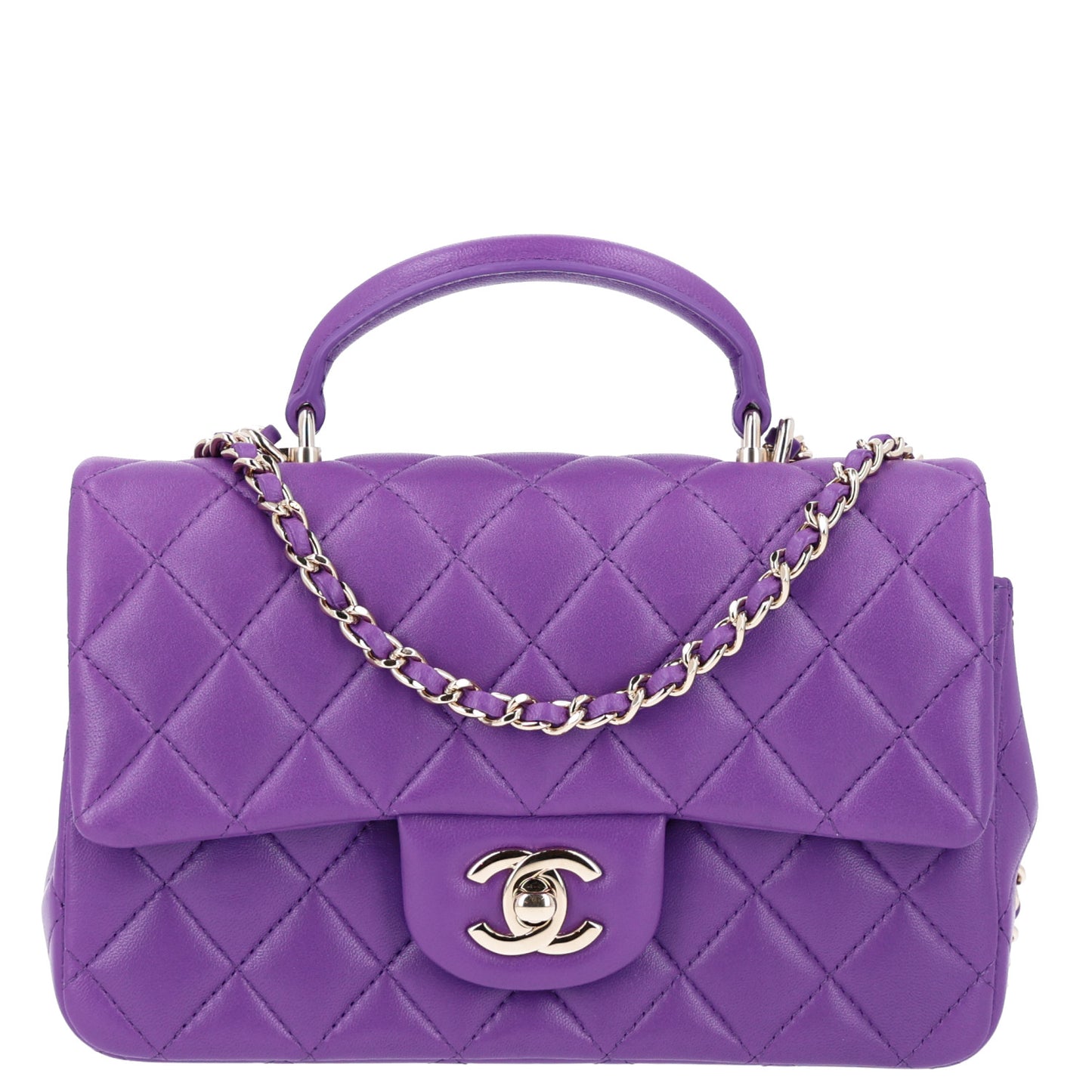Lambskin Quilted Mini Top Handle Rectangular Flap Dark Purple