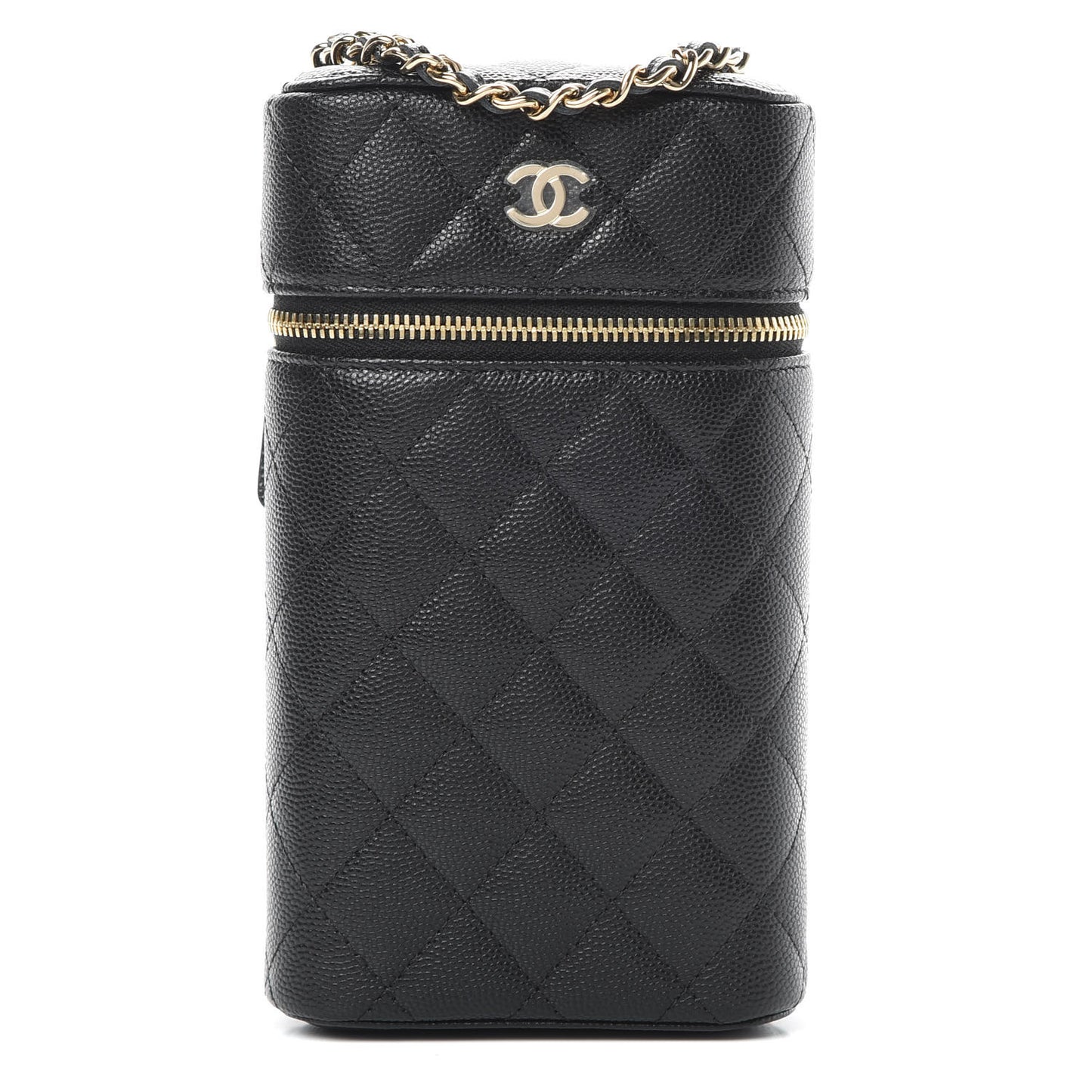 Caviar Quilted Phone Holder With Chain Black