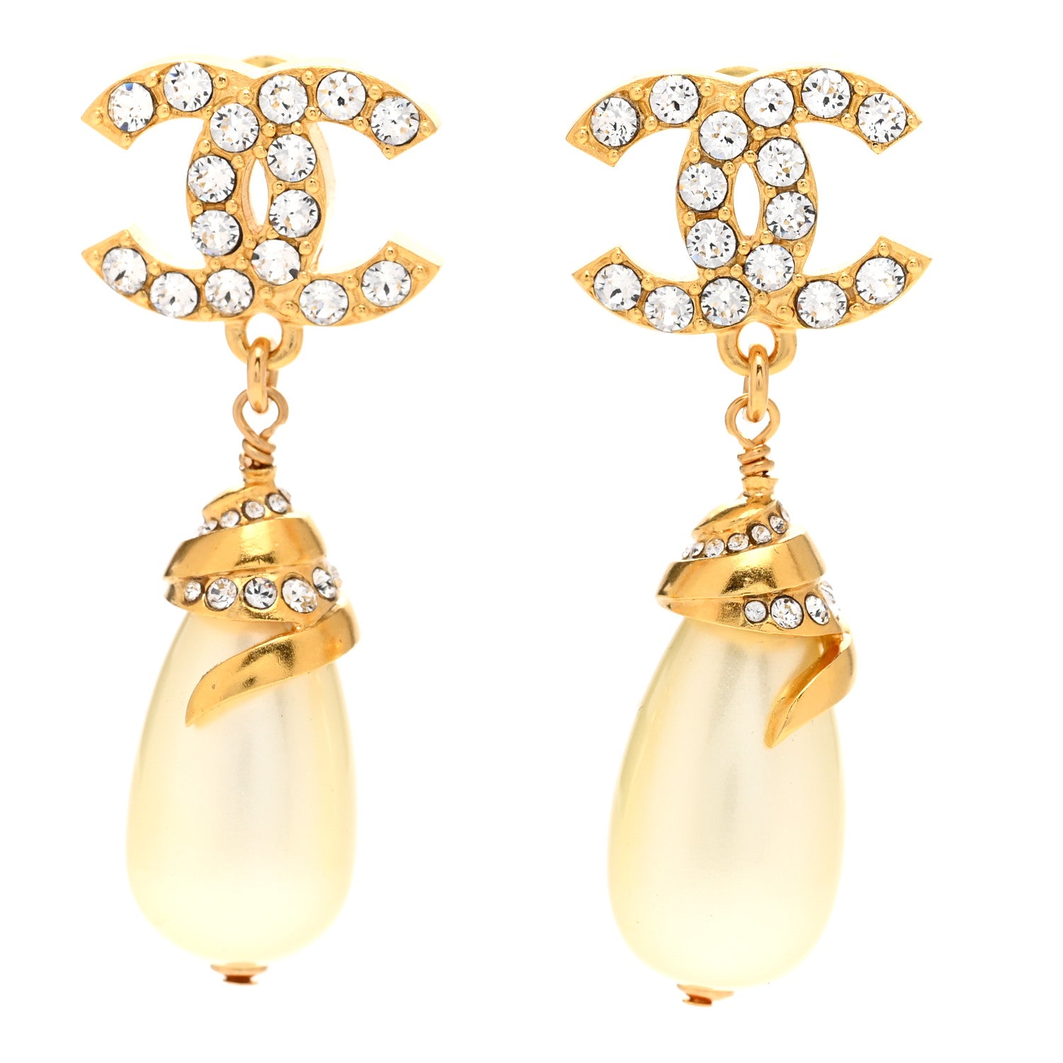 Chanel Crystal Long Pearl CC Drop Earrings Gold 1 of 4