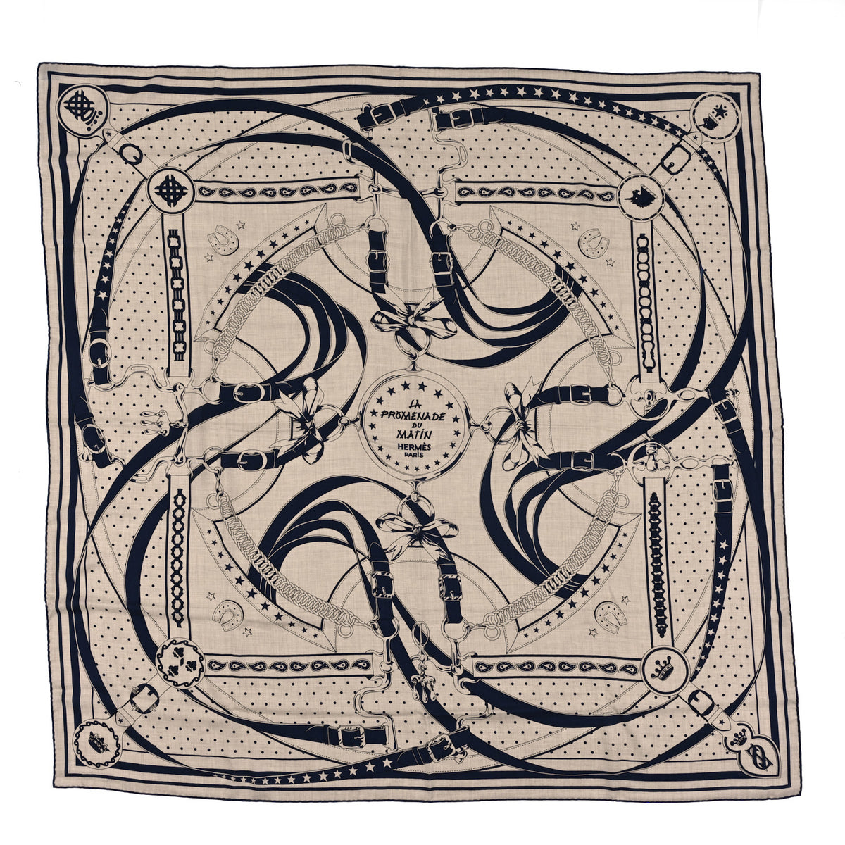 Cashmere Silk La Promenade du Matin Bandana Shawl 140 Naturel Marine Black
