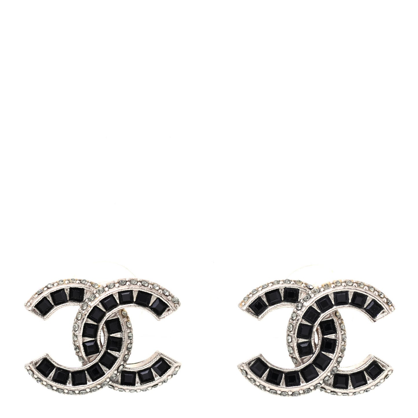 Baguette Crystal CC Earrings Silver Black