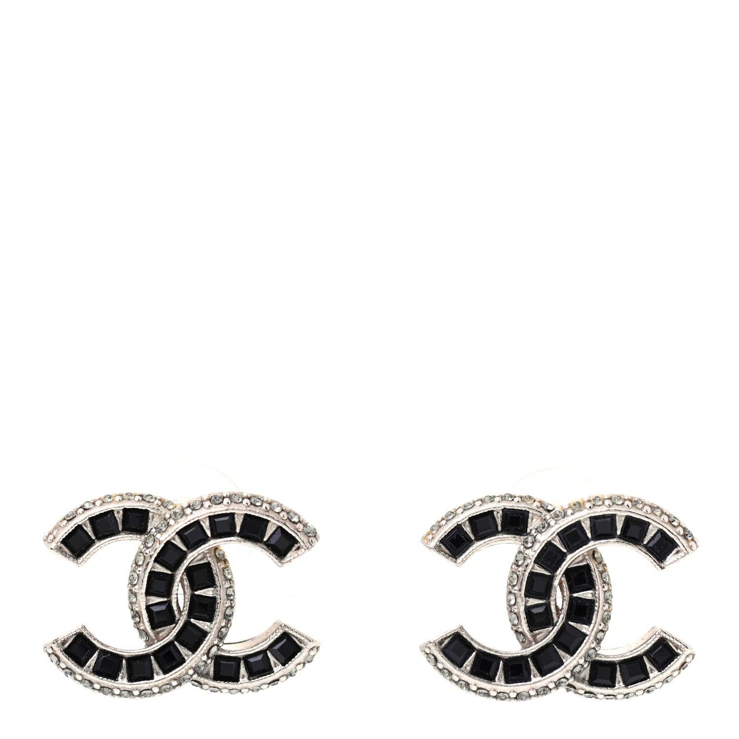 Chanel Baguette Crystal CC Earrings Silver Black 1 of 5