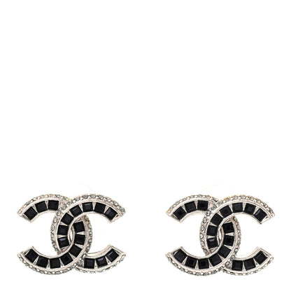 Chanel Baguette Crystal CC Earrings Silver Black 1 of 5