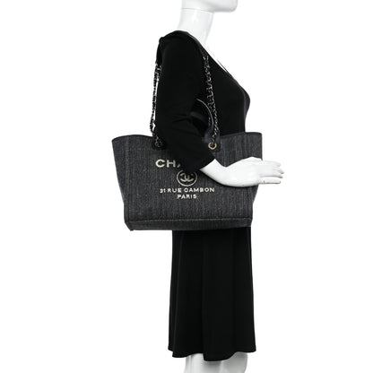 Chanel Denim Small Deauville Tote Dark Blue White 2 of 11
