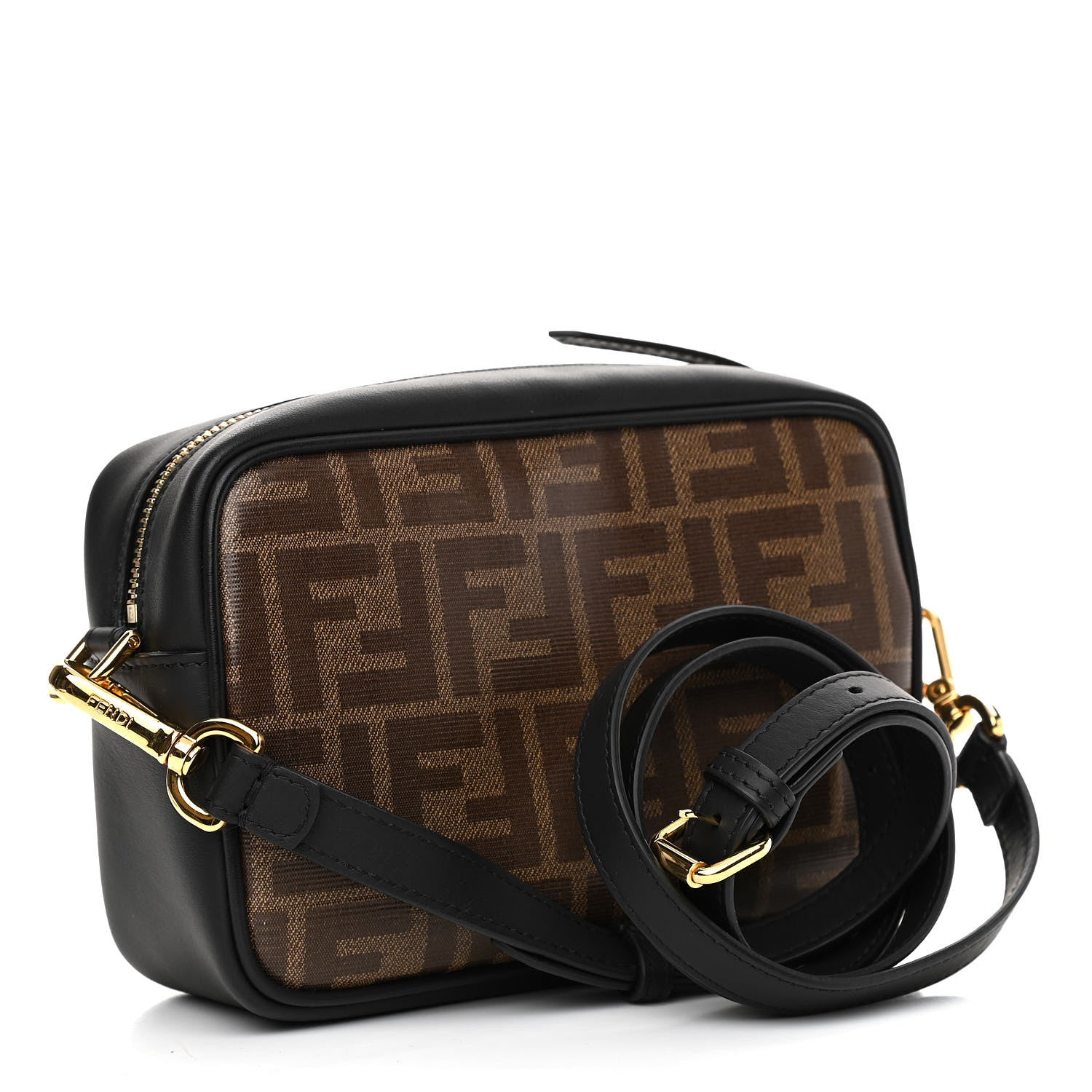 Fendi Glazed Fabric Vitello Century FF 1974 Stamp Patch Mini Camera Case Mogano Panna Black 3 of 12