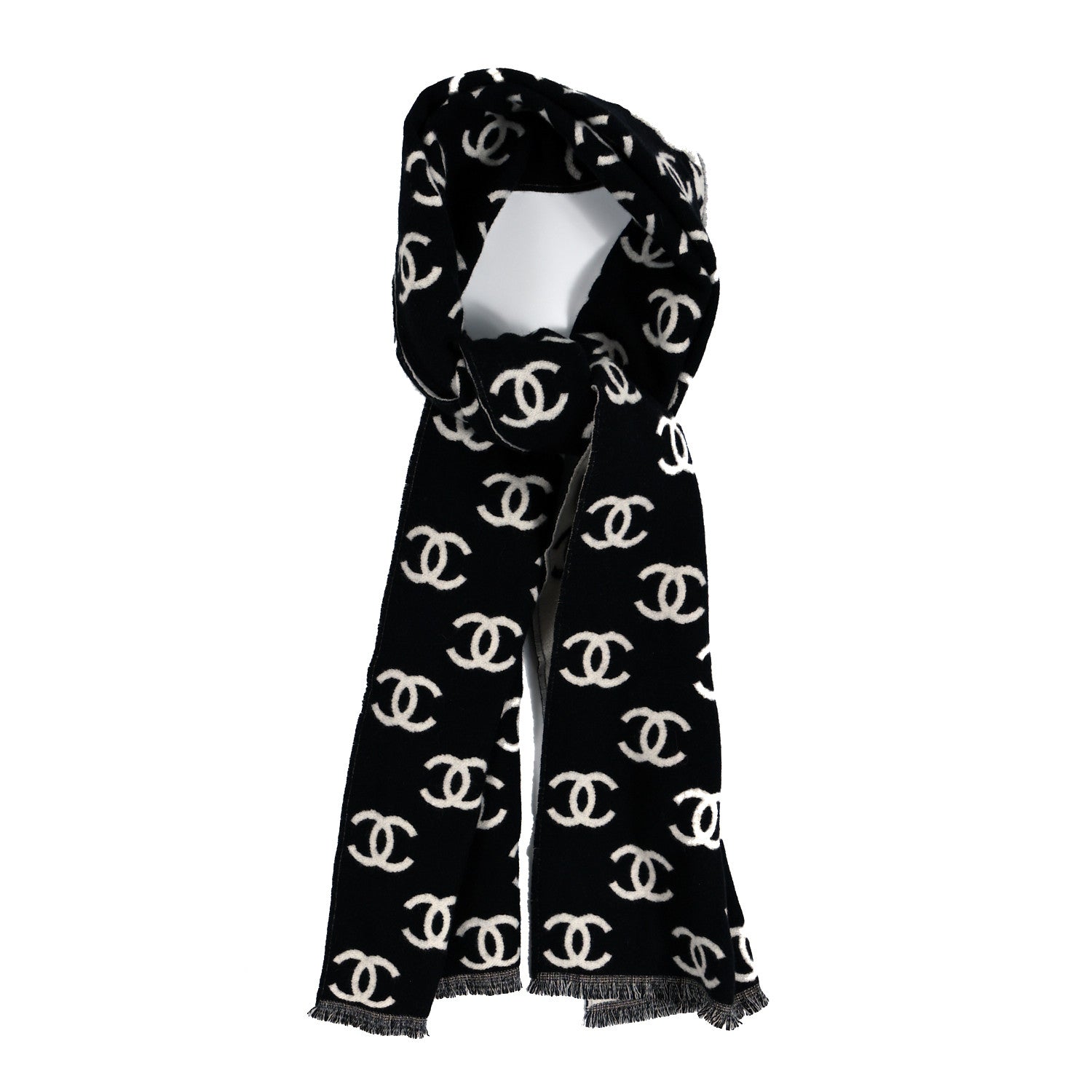 Chanel Cashmere Wool CC Scarf Black White 1 of 3