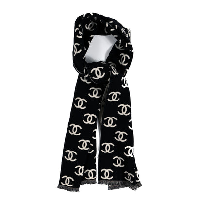 Chanel Cashmere Wool CC Scarf Black White 1 of 3