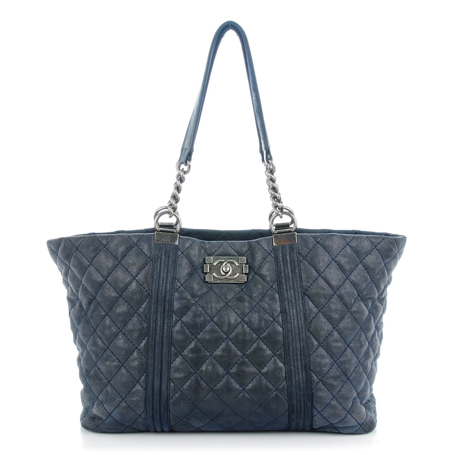 Iridescent Calfskin Quilted Large Gentle Boy Shopping Tote Navy