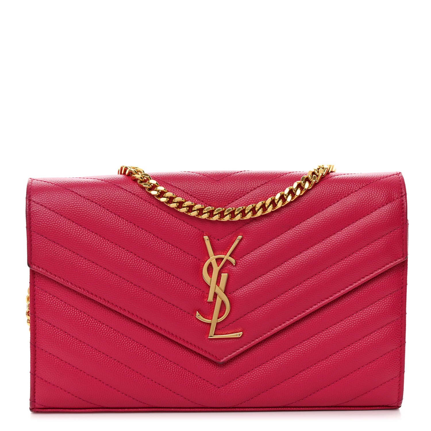 Saint Laurent Grain De Poudre Matelasse Chevron Monogram Chain Wallet Lipstick Fuchsia 1 of 11