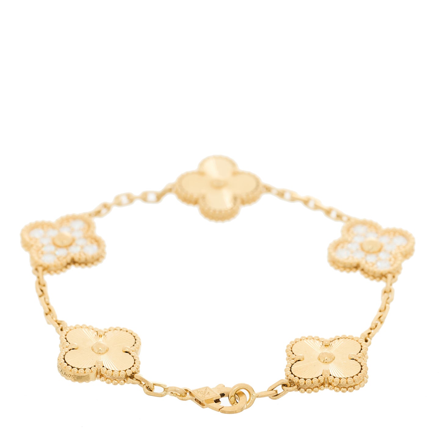 18K Yellow Gold Diamond 5 Motifs Guilloche Vintage Alhambra Bracelet