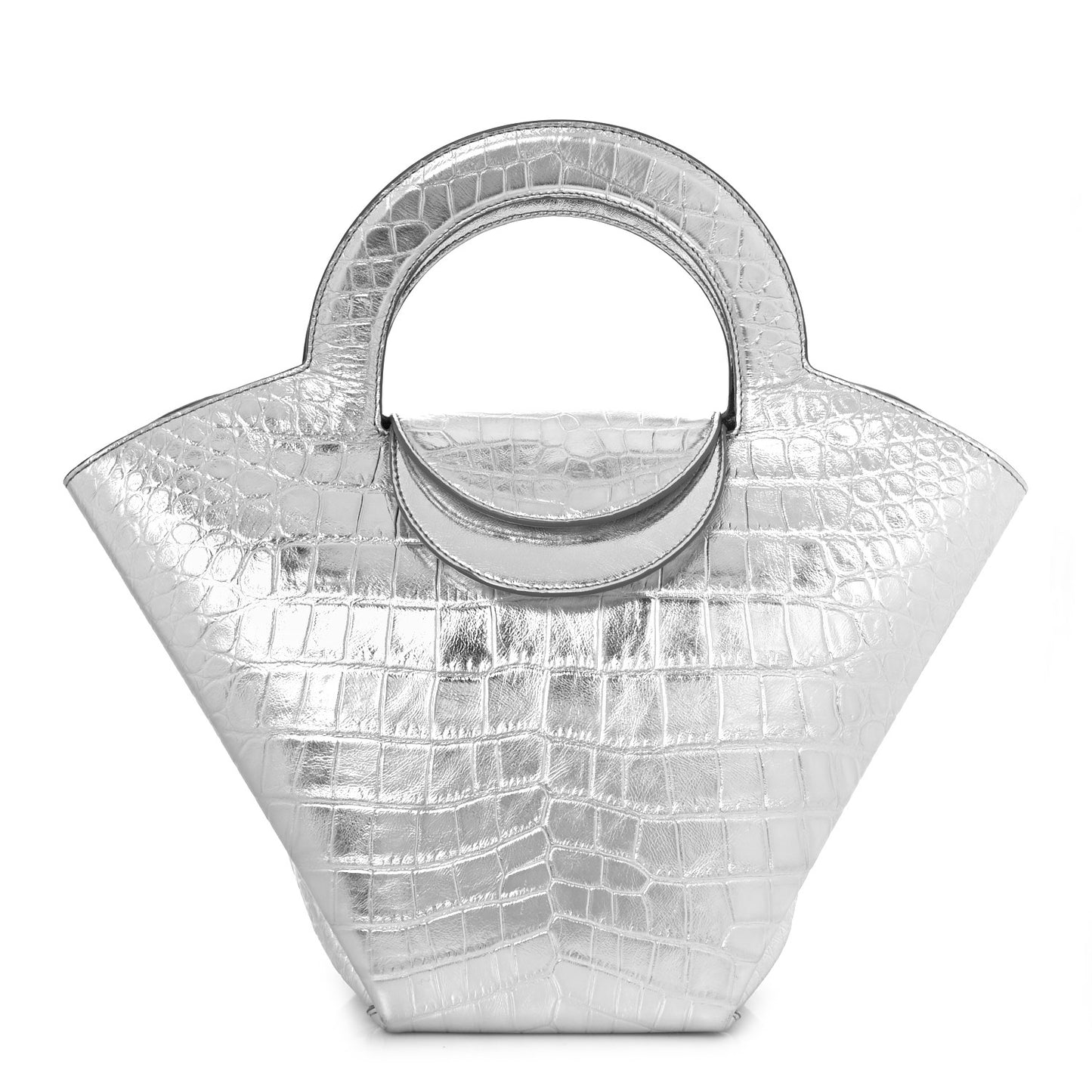 Metallic Calfskin Crocodile Embossed Ring Top Handle Tote Bag Silver