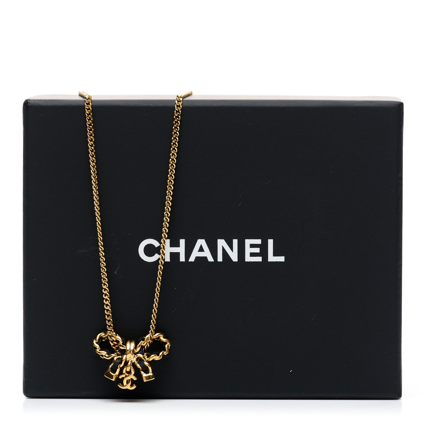 Metal Lambskin Chain CC Bow Necklace Black Gold