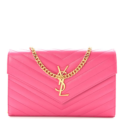 Saint Laurent Grain De Poudre Matelasse Chevron Monogram Chain Wallet Lipstick Fuchsia 1 of 9