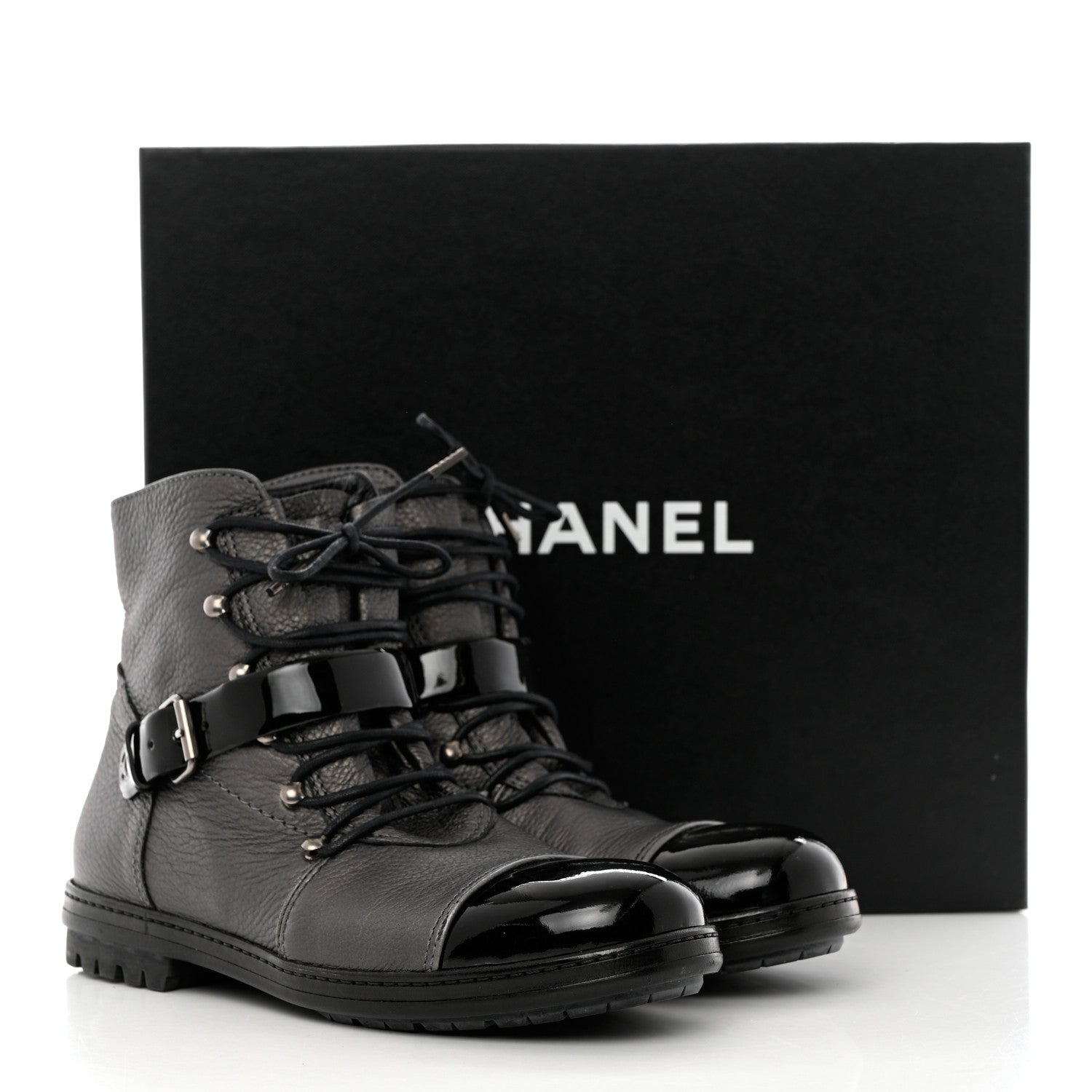 Chanel Metallic Grained Calfskin Patent Cap Toe Combat Short Boots 38.5 Dark Silver 12 of 12