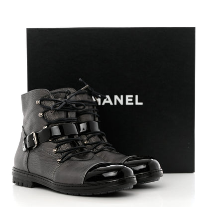 Chanel Metallic Grained Calfskin Patent Cap Toe Combat Short Boots 38.5 Dark Silver 12 of 12