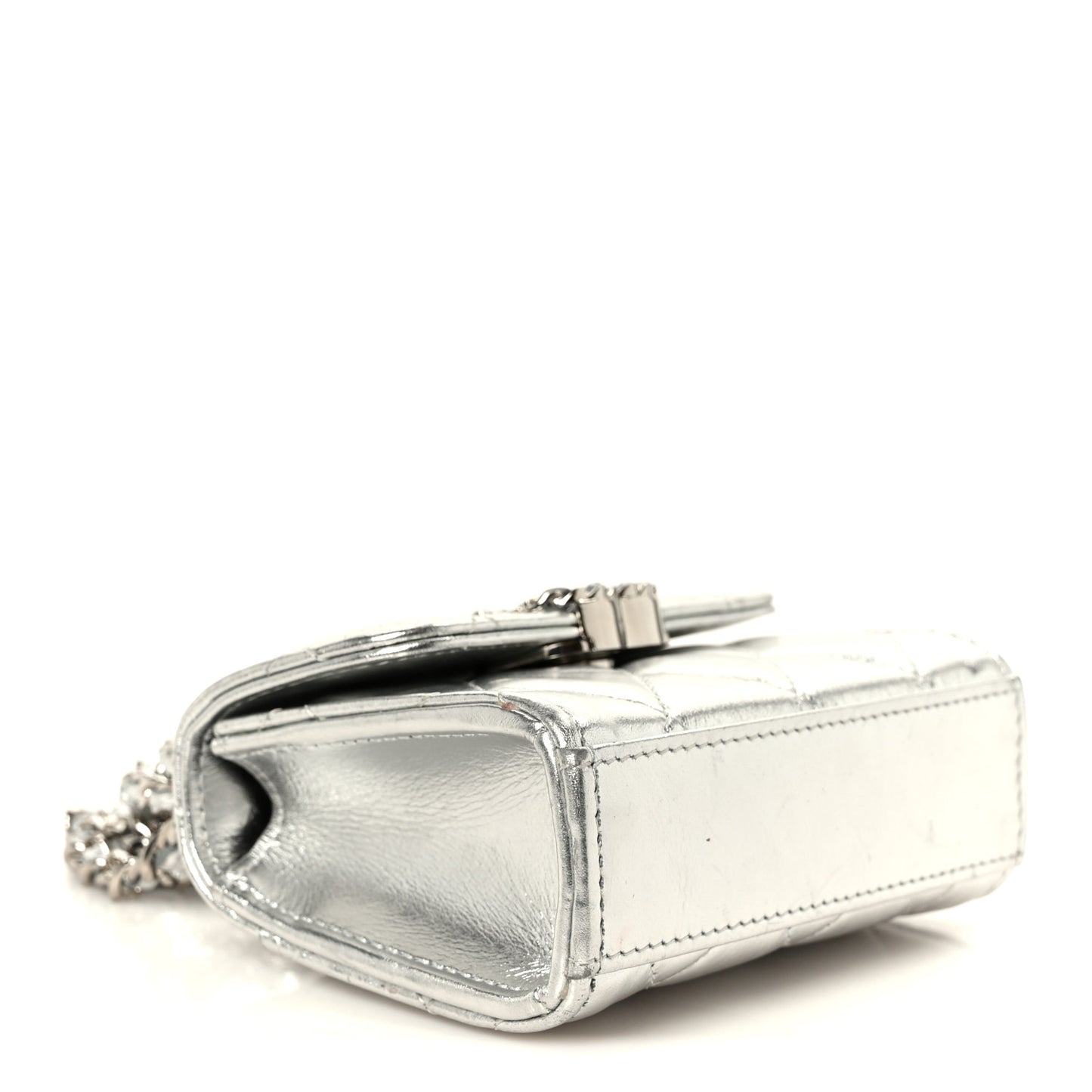 Metallic Lambskin Quilted Mini Chain CC Top Handle Clutch With Chain Silver