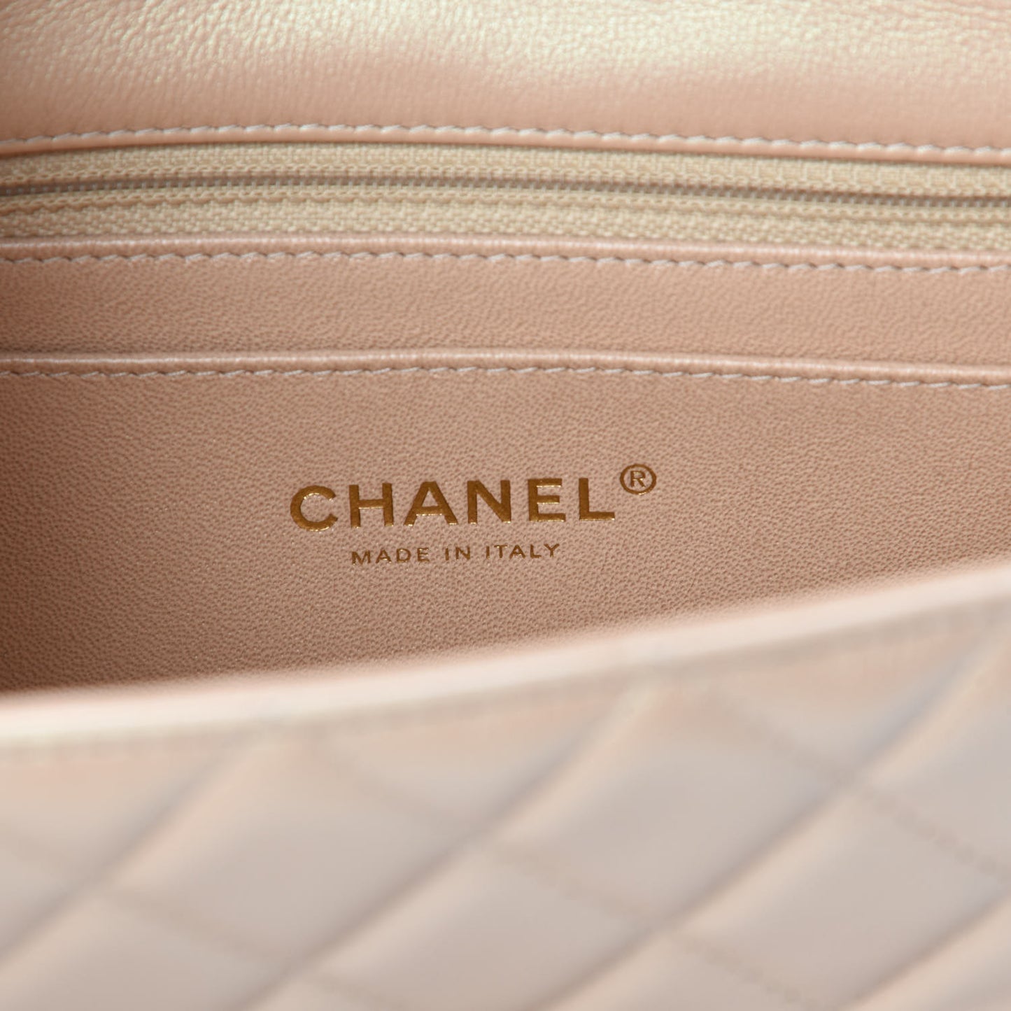 Iridescent Calfskin Quilted Mini Rectangular Flap Beige