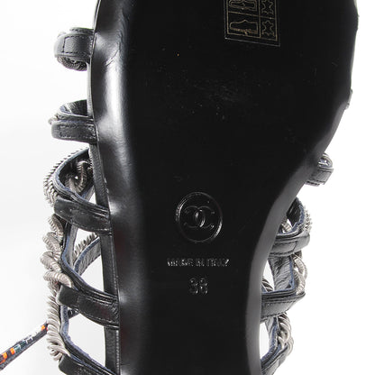 Chanel Tweed Chain Flat Sandals 38 Black 6 of 7