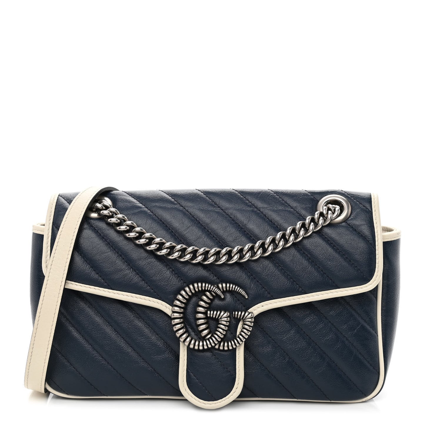 Vintage Effect Calfskin Matelasse Diagonal Small Torchon GG Marmont Shoulder Bag Blue Agata Mystic White