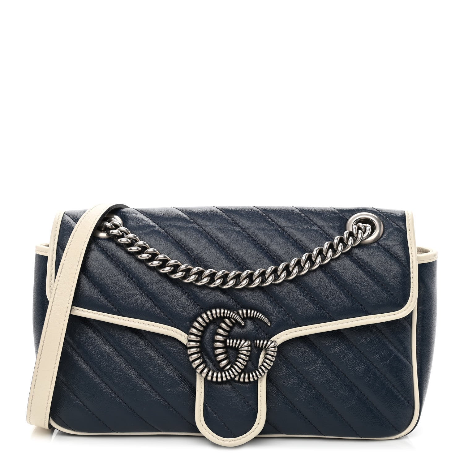 Gucci Vintage Effect Calfskin Matelasse Diagonal Small Torchon GG Marmont Shoulder Bag Blue Agata Mystic White 1 of 11