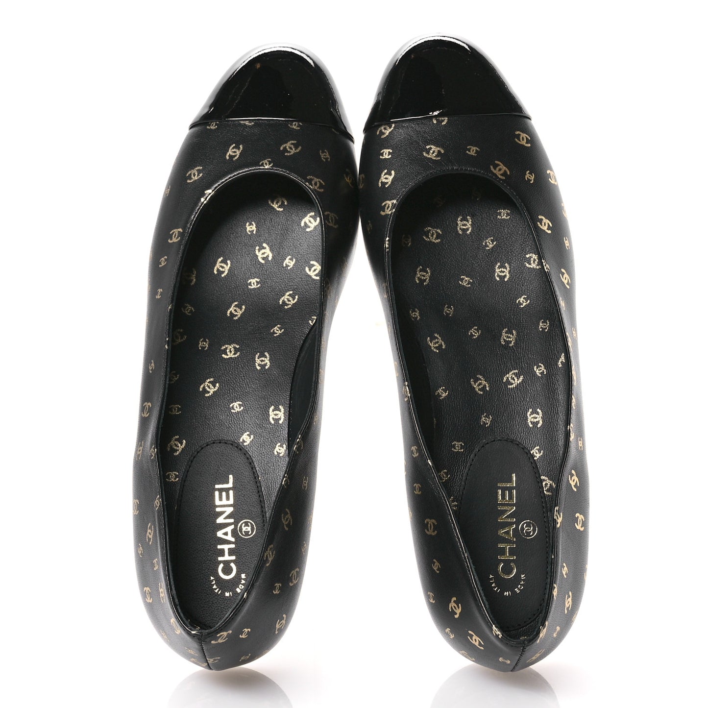 Lambskin Patent Calfskin Printed CC Cap Toe Ballerina Flats 37.5 Black Gold