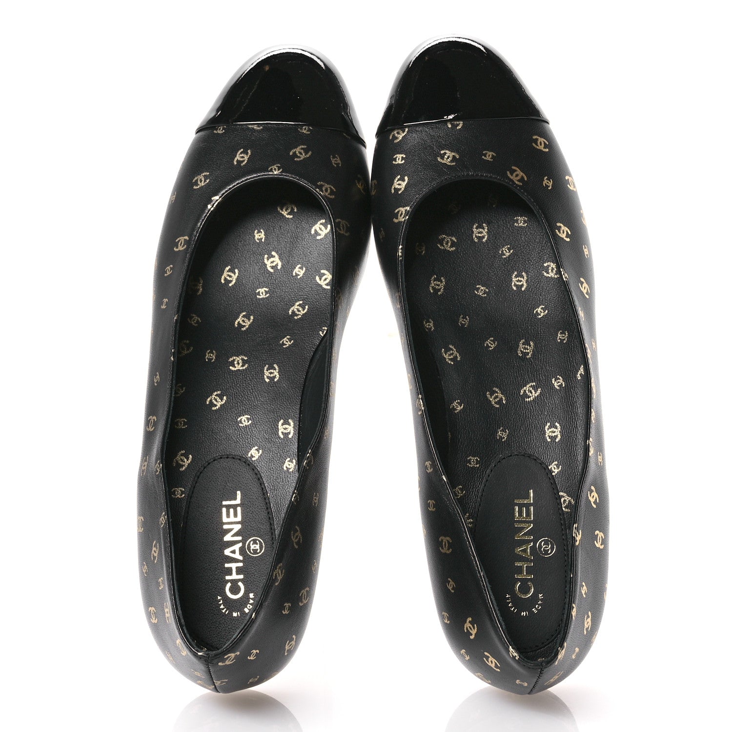 Chanel Lambskin Patent Calfskin Printed CC Cap Toe Ballerina Flats 37.5 Black Gold 2 of 9