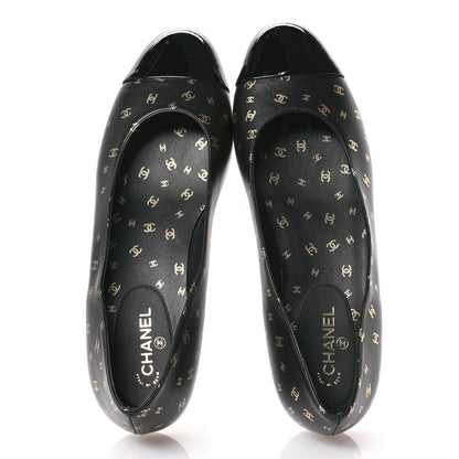 Chanel Lambskin Patent Calfskin Printed CC Cap Toe Ballerina Flats 37.5 Black Gold 2 of 9