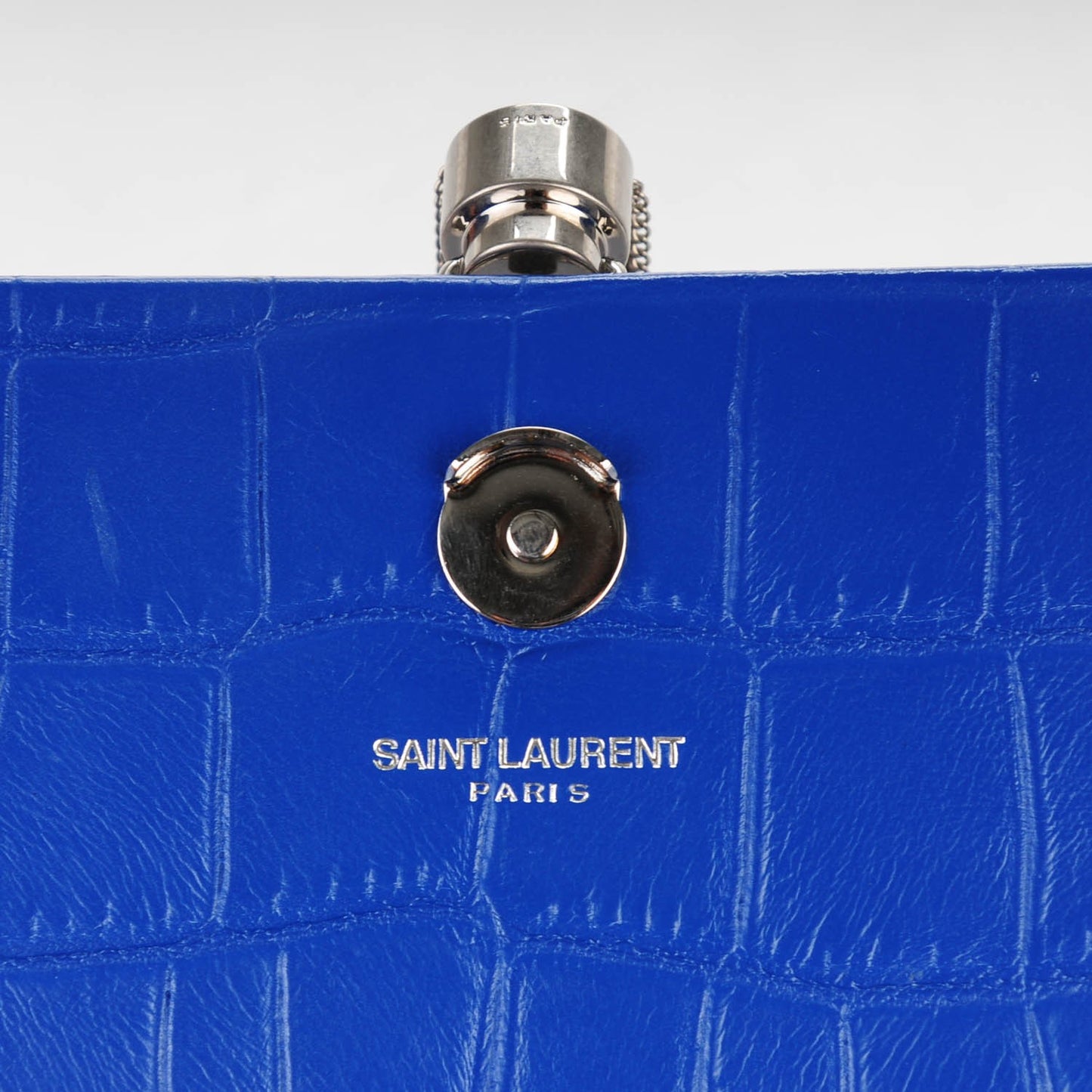 Calfskin Crocodile Embossed Medium Classic Monogram Kate Tassel Satchel Bleu Majorelle