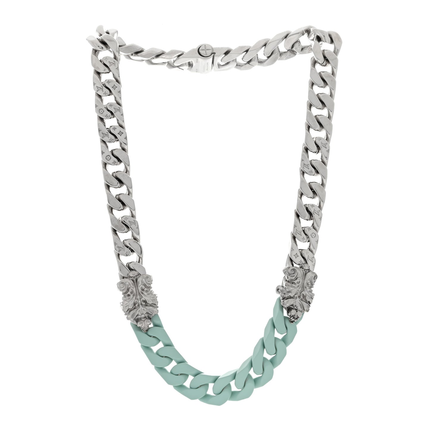 Metal Ceramic LV Sculpture Necklace Silver Blue