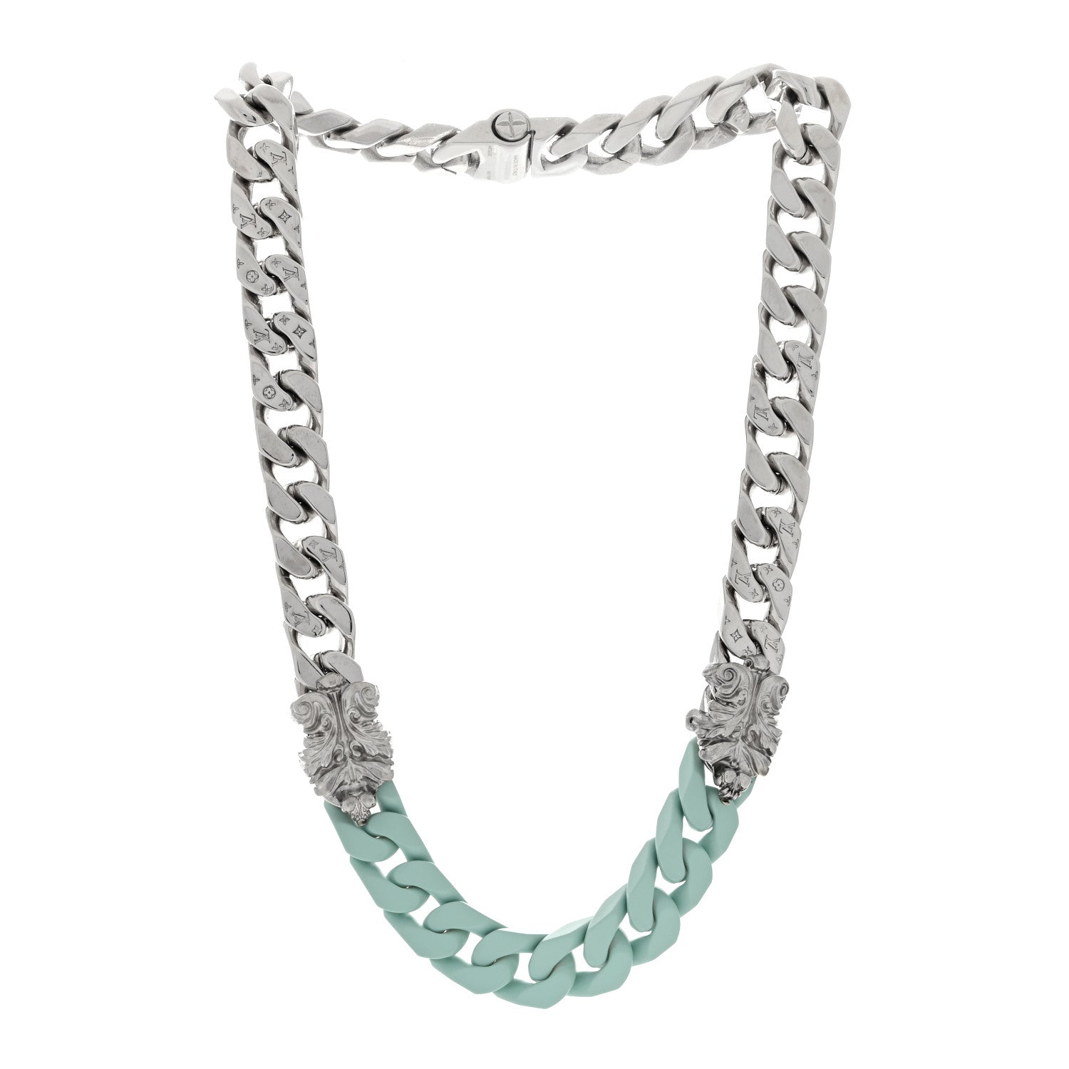 Louis Vuitton Metal Ceramic LV Sculpture Necklace Silver Blue 2 of 3