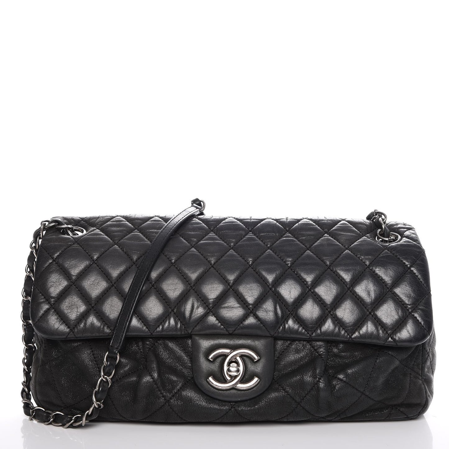 Iridescent Calfskin Large Chic Quilt Flap Black