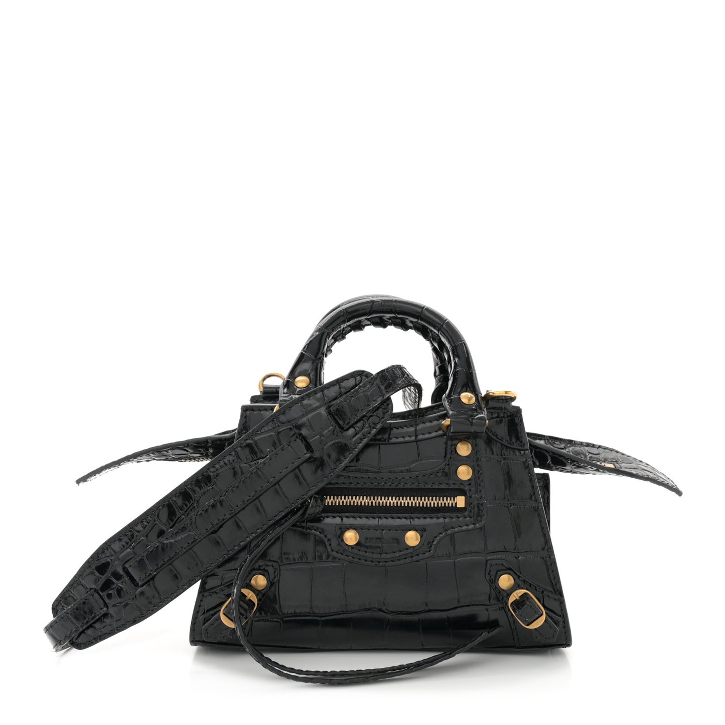 Shiny Supple Calfskin Crocodile Embossed Neo Classic Gold Hardware Nano City Crossbody Black