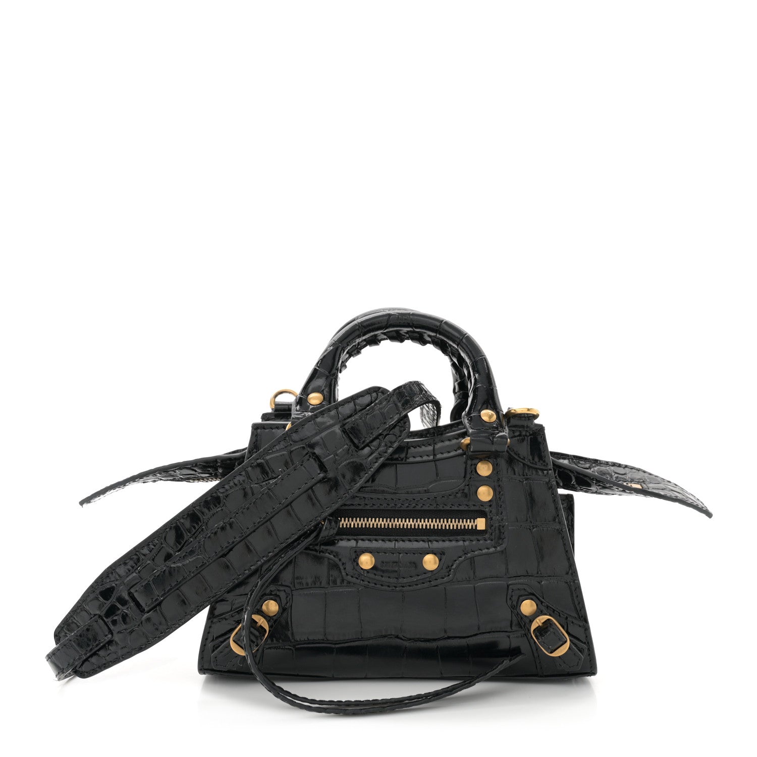 Balenciaga Shiny Supple Calfskin Crocodile Embossed Neo Classic Gold Hardware Nano City Crossbody Black 1 of 11