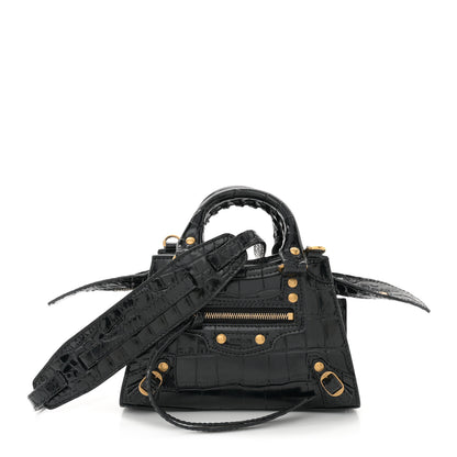 Balenciaga Shiny Supple Calfskin Crocodile Embossed Neo Classic Gold Hardware Nano City Crossbody Black 1 of 11