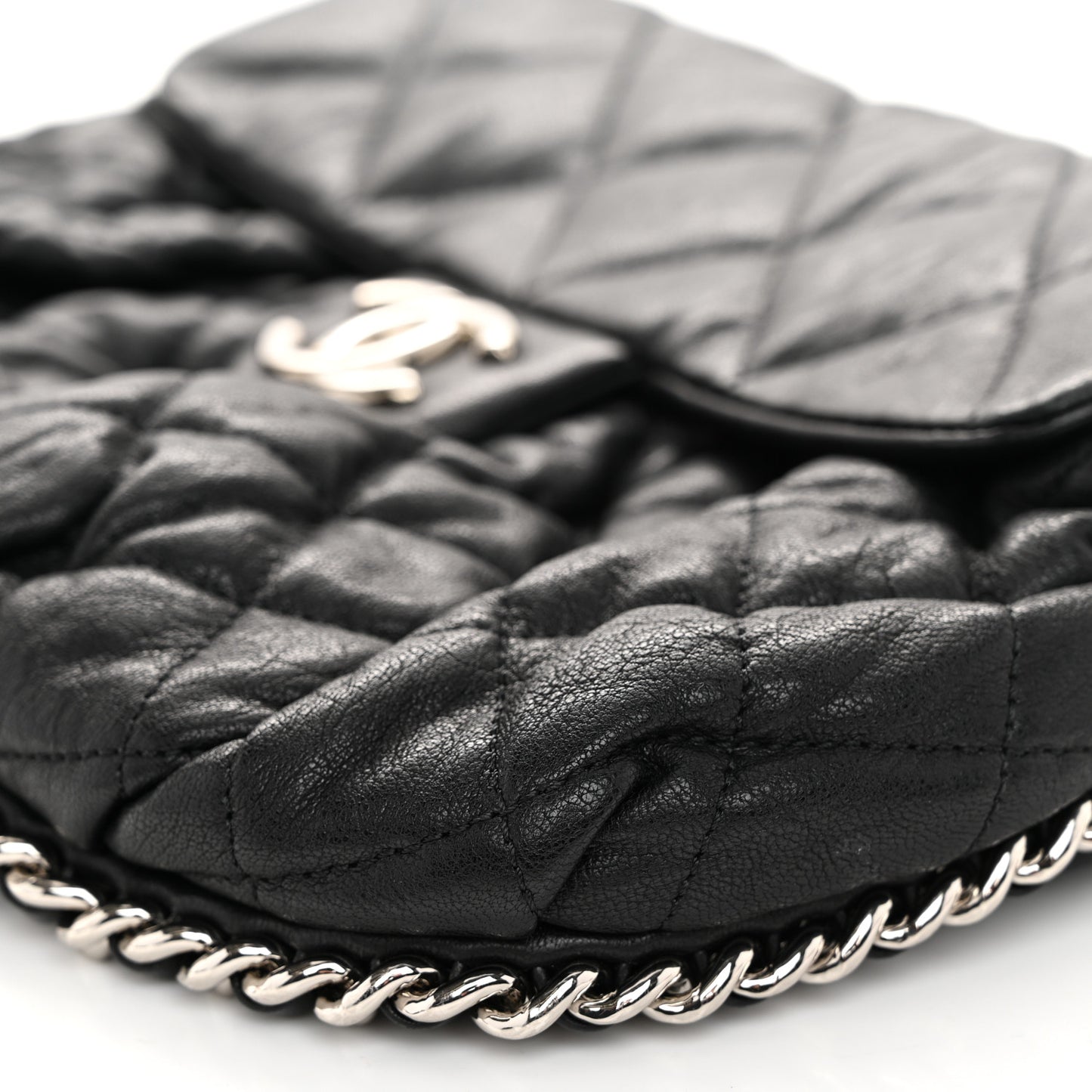 Washed Lambskin Quilted Medium Chain Around Flap Black