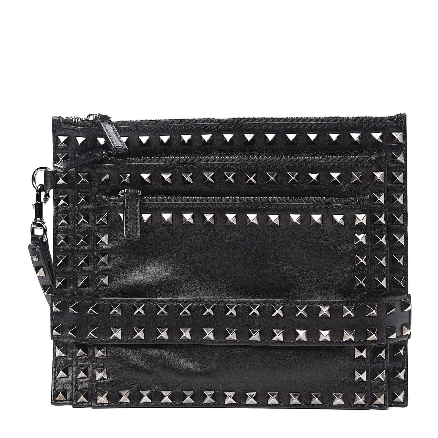 Vitello Rockstud Triple Zip Wristlet Pouch Black